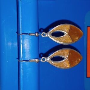 Vintage Alia Silver Tone Dangle Earrings, Tan Luster 1991